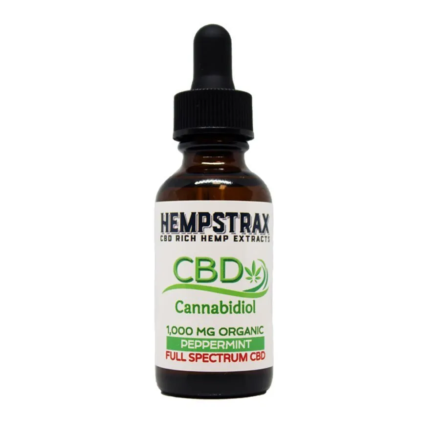 Hempstrax 1,000mg Full Spectrum CBD Tincture with Peppermint in 30mL bottle with dropper