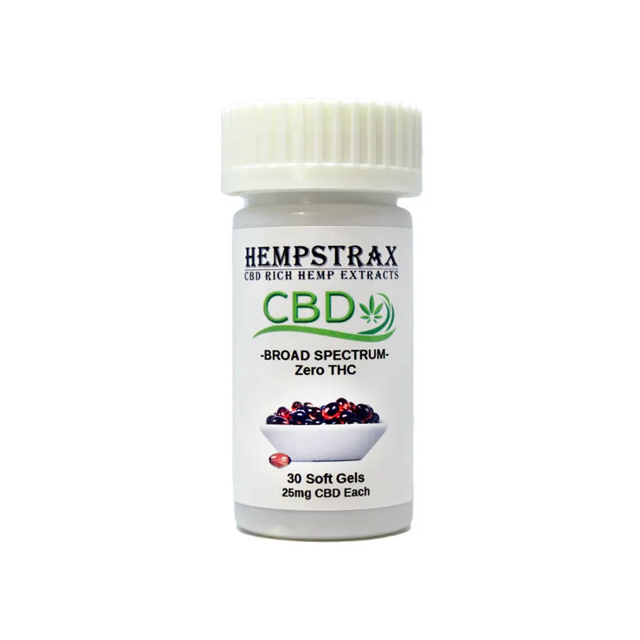 Hempstrax Softgel CBD Capsules. Broad spectrum CBD gel capsule with 25mg of CBD. 30 count bottle.