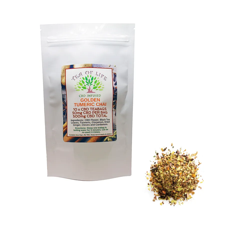 golden tumeric chai 50mg cbd tea. Bag of 10x CBD teabags with each containing 50mg CBD, black tea, turmeric, cinnamon, dried ginger, cloves, and cardamom