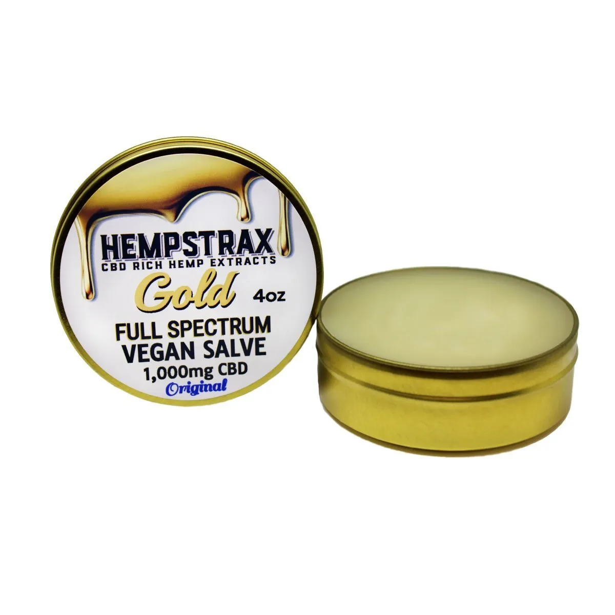 Hempstrax Full Spectrum Gold Vegan Salve with 1,000mg CBD in 4oz tin.