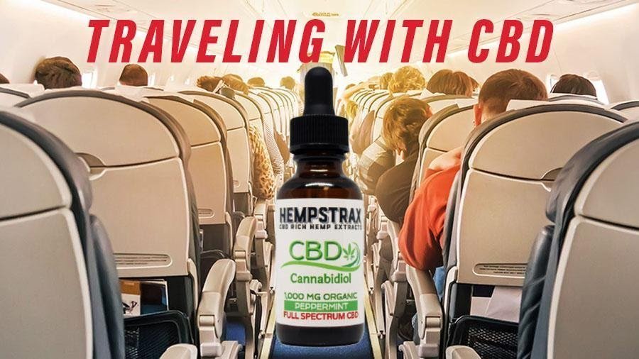 Traveling on flight with CBD products. Image of CBD tincture in plane cabin.
